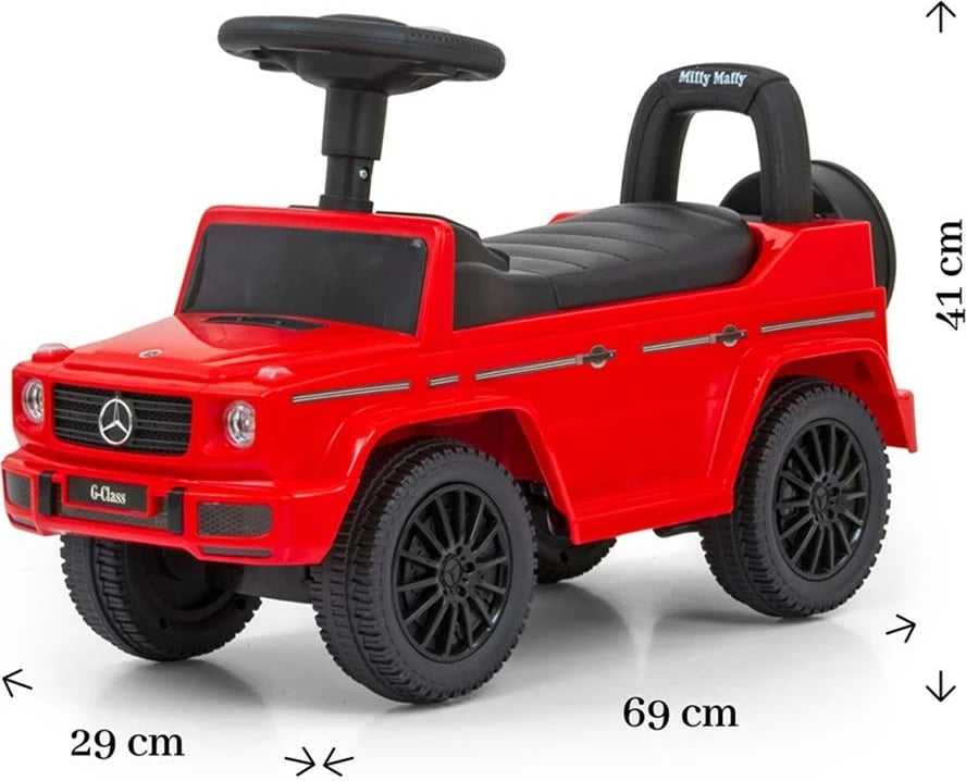 makinë lodër shtytëse për fëmijë, Milly Mally, Mercedes G350d, timon me tinguj, rrota para rrotulluese, sedilje me hapësirë, 12-36 muaj, 25 kg, e kuqe