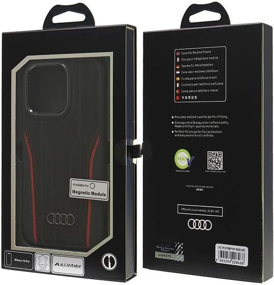 Mbështjellës Audi Genuine Leather MagSafe për iPhone 16 Pro 6.3", i zi-kuq
