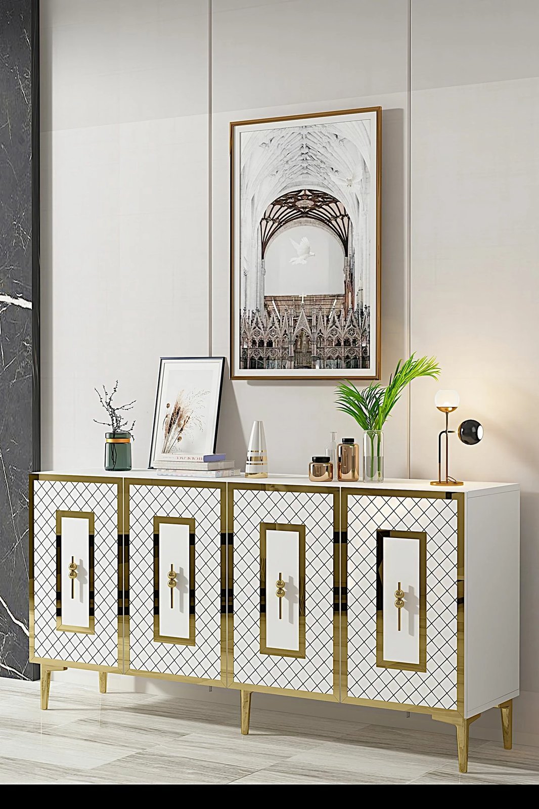 Konsolë Skye Decor, Puma 150, e bardhë dhe ari