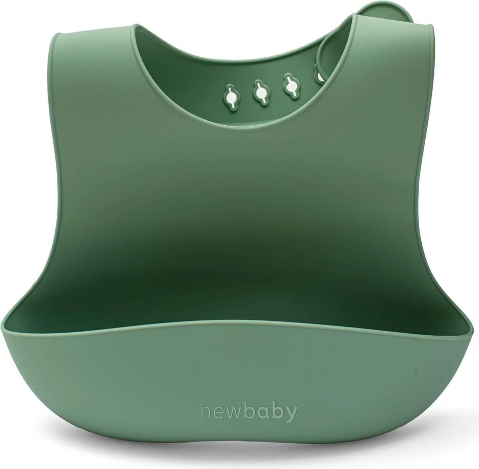 Set ushqimi silikon për fëmijë, New Baby, me pjatë të ndarë me vakum, tas me vakum me doreza, lugë e pirun me dorezë druri, përparëse me xhep, jeshile, set 5-pjesësh