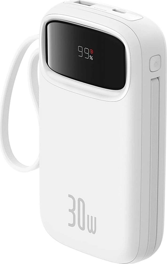 Power bank Baseus QPow 2, 20000mAh, 30W, me 2 kabllo USB-C të integruara, Bardhë