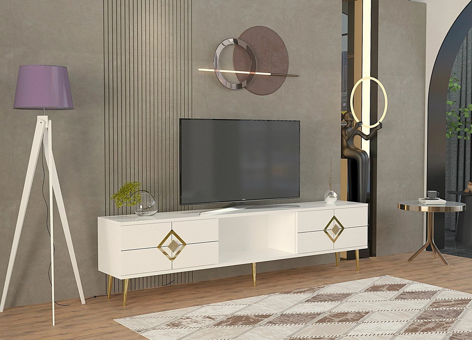 Komodë TV Skye Decor, e bardhë, e artë