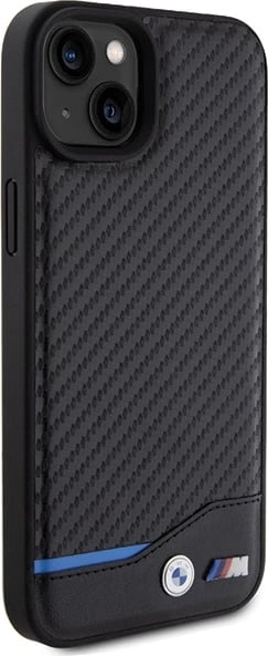 Mbështjellës BMW Leather Carbon për iPhone 15 Plus, i zi