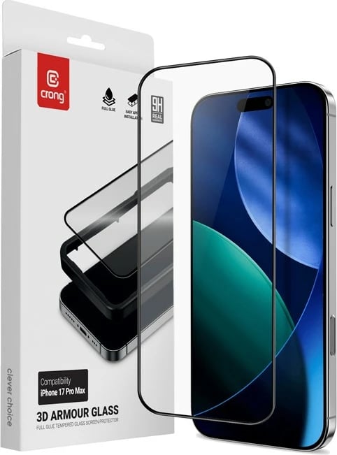 Qelq i kalitur mbrojtës, CRONG 3D Armour Glass, për iPhone 17 Pro Max, Edge-to-Edge 2.5D, 0.33mm, 92% transparencë, me kornizë instalimi