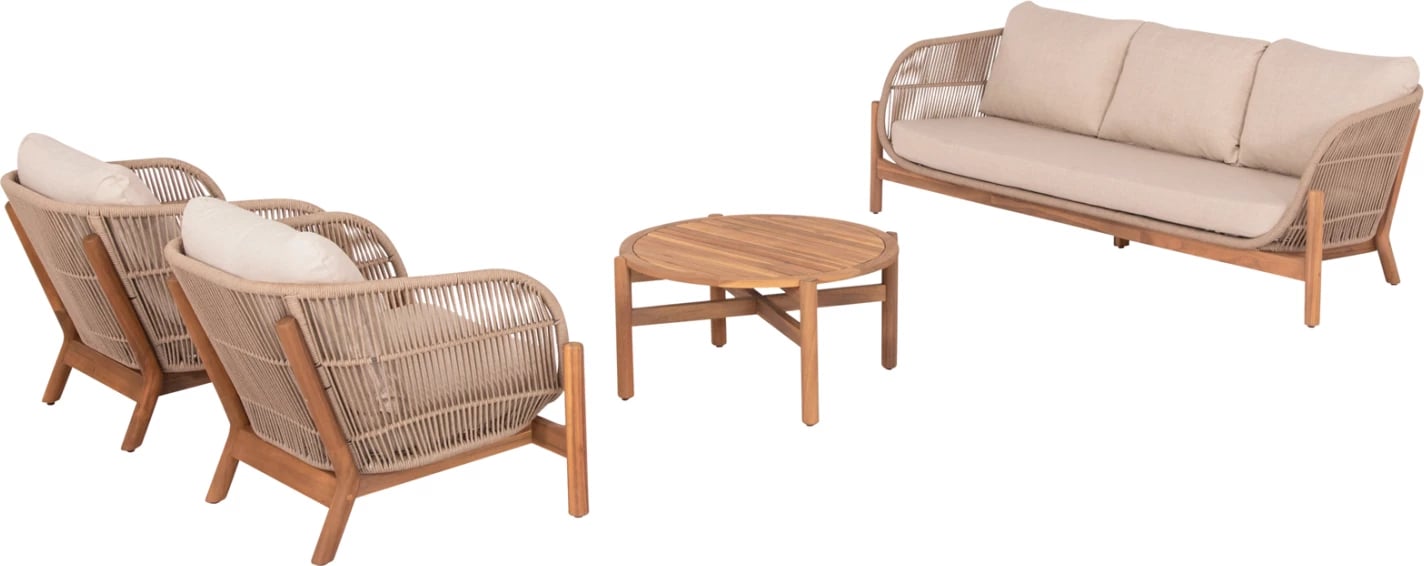 Set salloni për jashtë 4 pjesë SANJI, dru akacie, kornizë alumini, litar