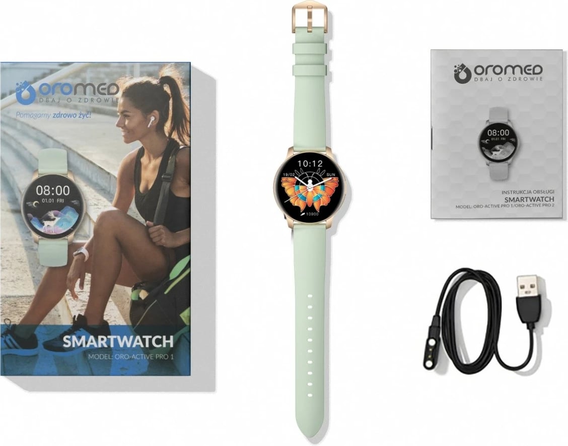 Smartwatch ORO-MED ACTIVE PRO1, 1.1", Bluetooth, IP68, i artë me rrip të gjelbër