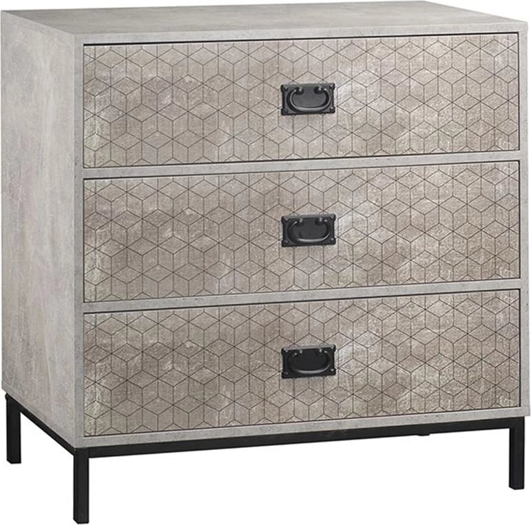 Komodë Rubik me 3 sirtarë, ngjyrë cement e çelët me dizajn, 80x40x80