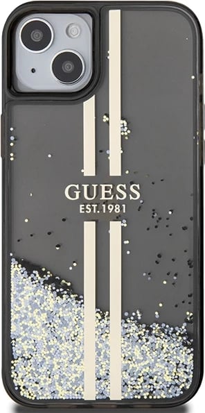 Mbështjellës Guess Liquid Glitter Gold Stripes për iPhone 15 Plus / 14 Plus, e zezë