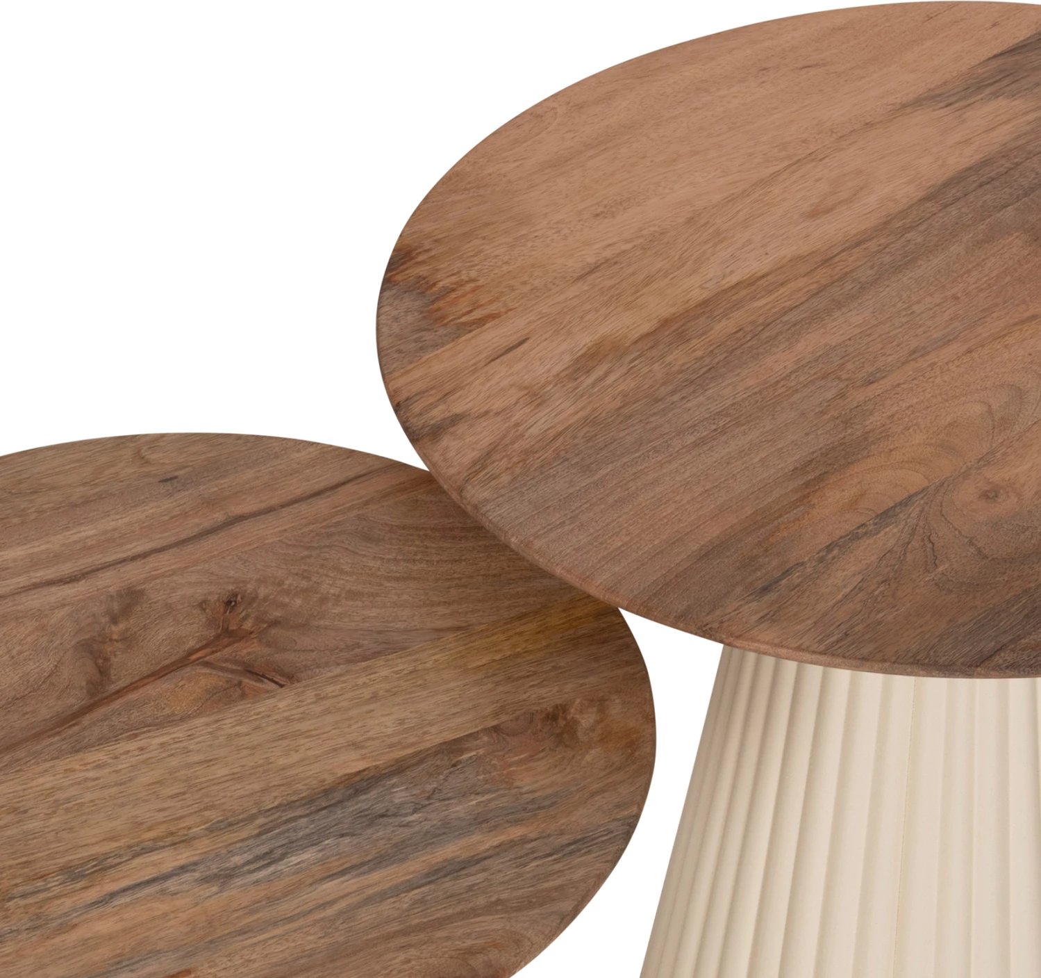 Tavolina kafeje 2 copë Foldy FH9925 bazë metali ngjyrë fildishi, sipërfaqe e rrumbullakët dru mango natyral Φ40 & Φ48 Tavolina kafeje 2 copë Foldy FH9925 bazë metali ngjyrë fildishi, sipërfaqe e rrumbullakët dru mango natyral Φ40 & Φ48