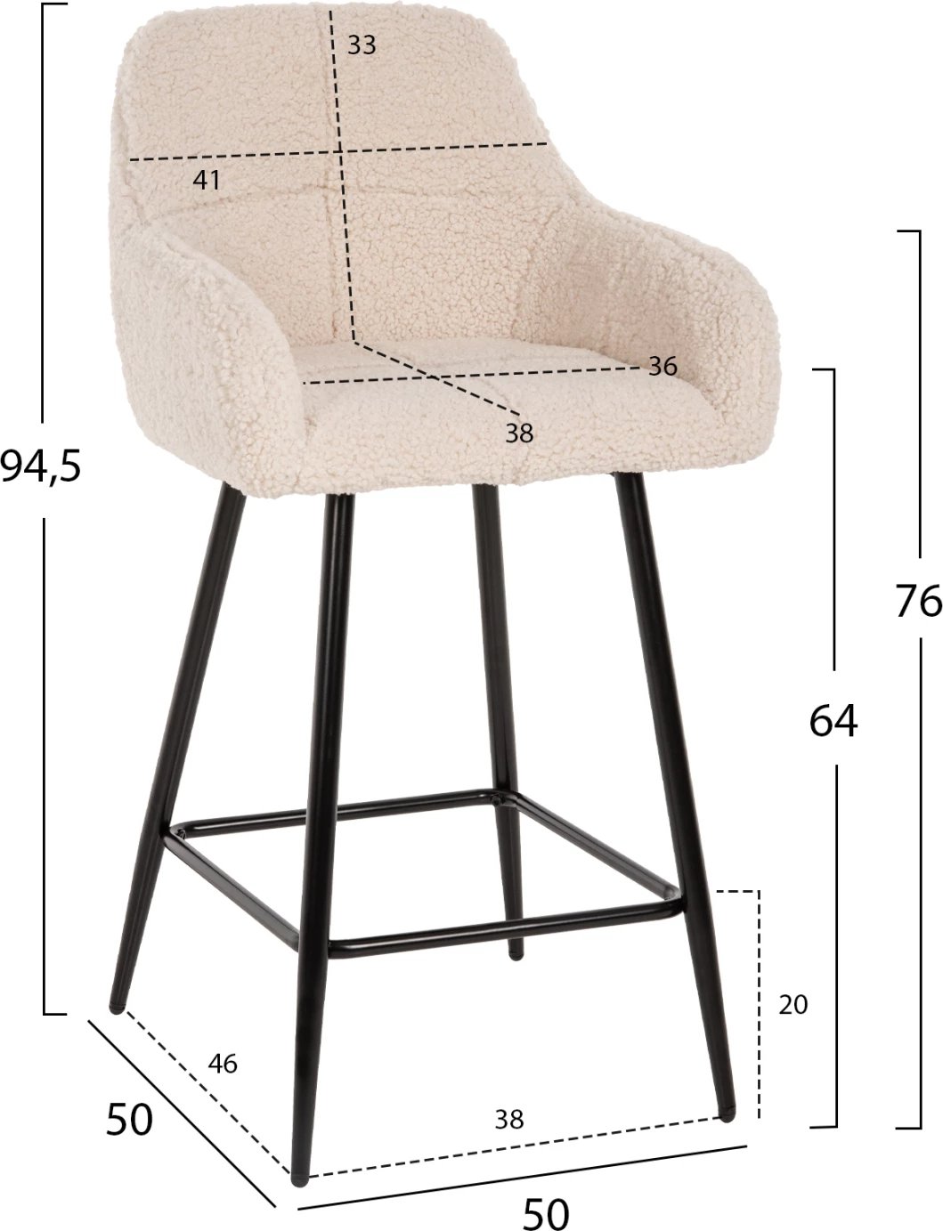 Karrige për bar, lartësi mesatare, STRIKE, FH8592.02, pëlhurë TEDDY e bardhë, këmbë metalike të zeza, 50x50x94,5H cm., set prej 2 copë