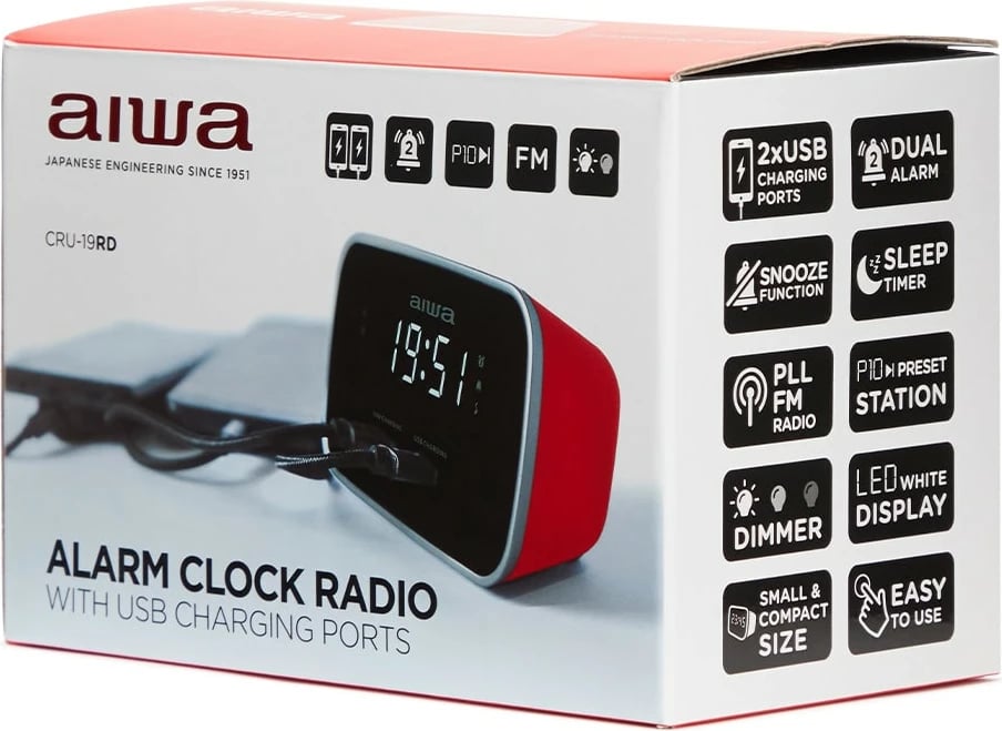 Orë Zgjuese me Radio FM, Dy Alarme dhe Mbushes USB AIWA CRU-19RD (Kuqe)