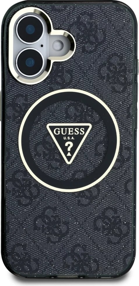 Mbështjellës Guess IML Metal Glitter 4G Circle Triangle MagSafe për iPhone 16, i zi Mbështjellës Guess IML Metal Glitter 4G Circle Triangle MagSafe për iPhone 16, i zi