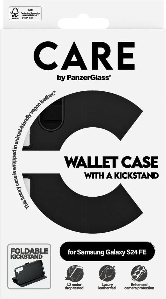 Mbështjellës portofol PanzerGlass CARE Feature me kickstand për Samsung Galaxy S24 FE, zi