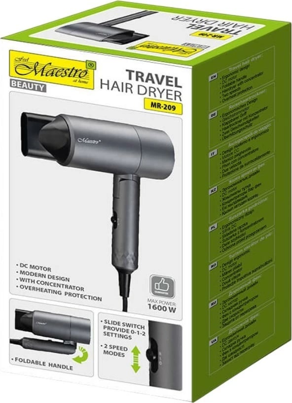 Tharëse flokësh Feel-Maestro MR-209, 1600W, e zezë/gri, dorezë e palosshme