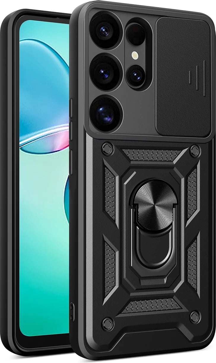 Mbështjellës Hurtel Hybrid Armor Camshield me kapak kamere dhe unazë metalike për Samsung Galaxy S25 Ultra, Zi