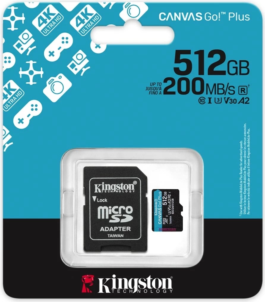 Kartelë memorie microSDXC Kingston Canvas Go Plus Gen4 512GB me adapter, Turquoise