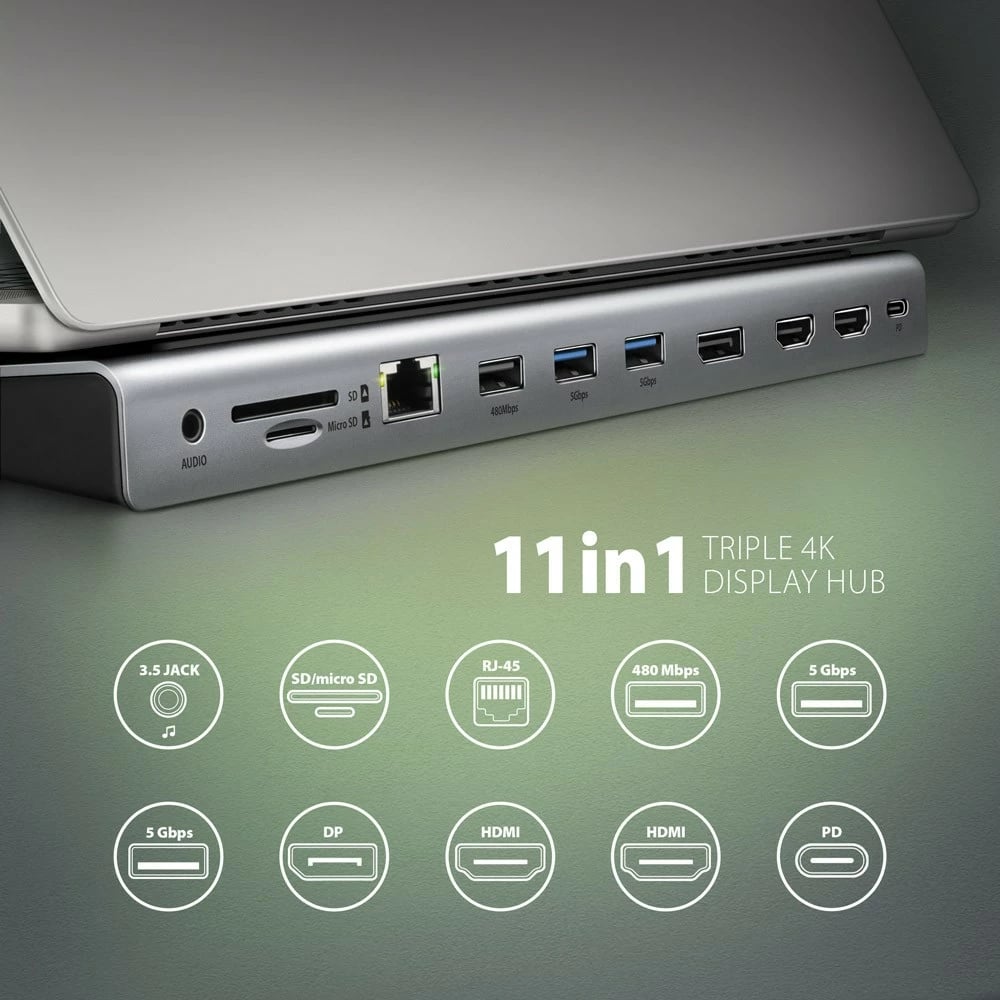 Kasë AXAGON HMC-4KX3 multiport USB 11-në-1, 5Gbps, 3x USB-A, 2x HDMI 4K/60Hz + DP 4K/60Hz + GLAN + SD/microSD + audio, 100W PD, kabllo USB-C 40cm, Gri