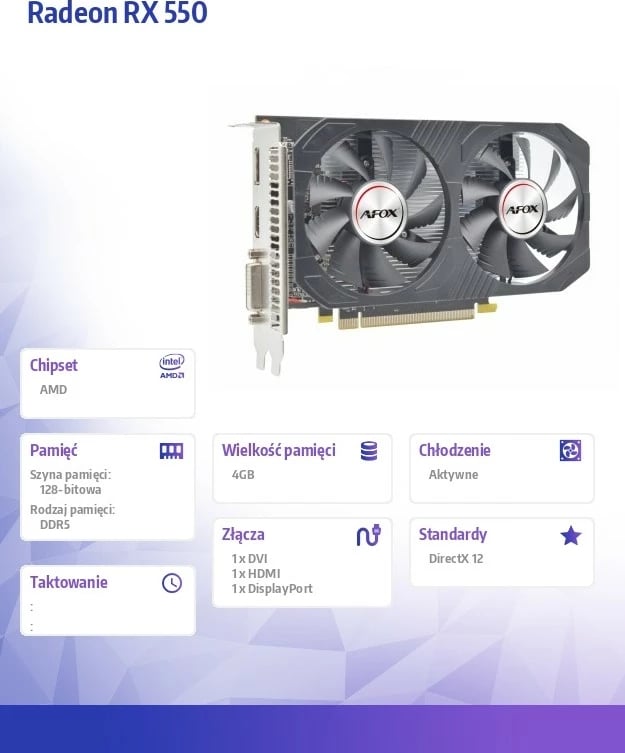 Kartelë grafike AFOX Radeon RX 550, 4GB GDDR5, 128-bit, PCI-E, e zezë