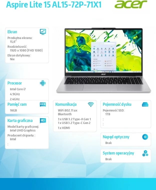 Laptop Acer Aspire Lite 15 AL15-72P-71X1 i7-13620H 15.6 FHD IPS 16GB DDR5 1TB SSD pa sistem operativ argjendtë