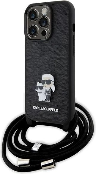 Mbështjellës Karl Lagerfeld Crossbody Saffiano Metal Pin Karl & Choupette për iPhone 15 Pro, e zezë