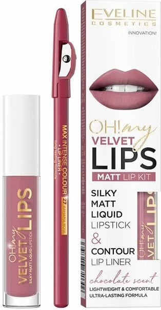 Set për buzë Eveline Cosmetics Oh! My Velvet Lips Liquid Matt Lip Kit për femra 13 Brownie Biscotti 4.5ml + 1 copë