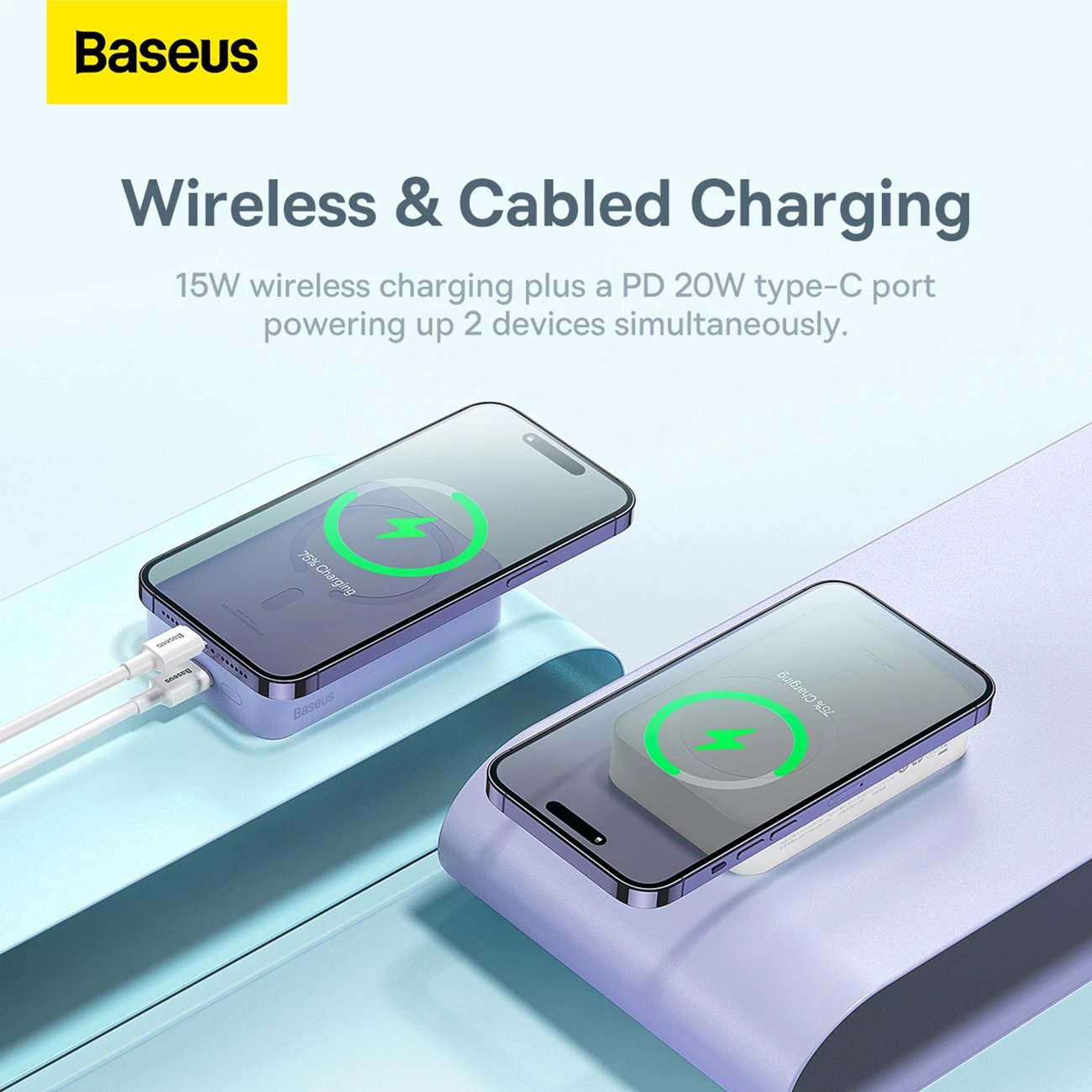 Powerbank Baseus Magnetic Mini 20000 mAh, 20W, USB-C, i bardhë me kabllo USB-C/USB-C