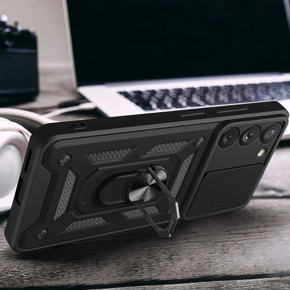 Mbështjellës Hurtel Hybrid Armor Camshield për Samsung Galaxy S23+, me kapak kamere, unazë metalike, Kuq