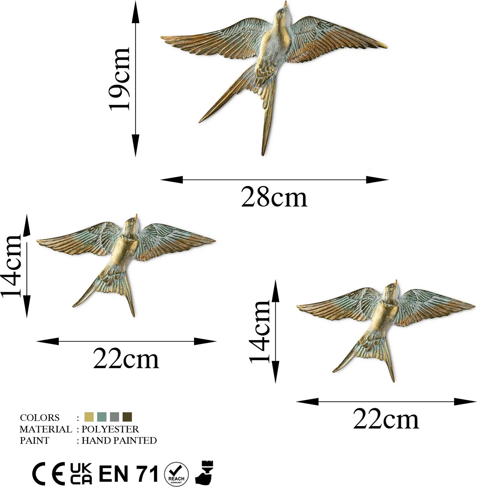 Aksesor dekorativ muri, Evila Originals, dallëndyshe fluturuese, ngjyrë ari dhe e bardhë