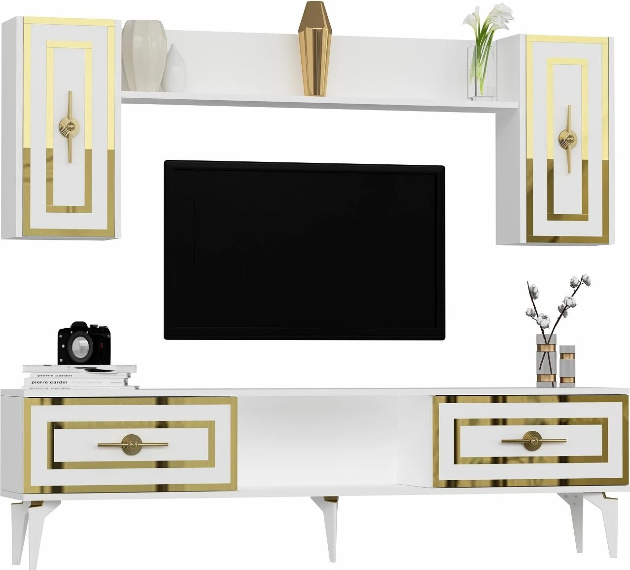 Komodë TV Skye Decor, e bardhë, me rafte dhe dollapë