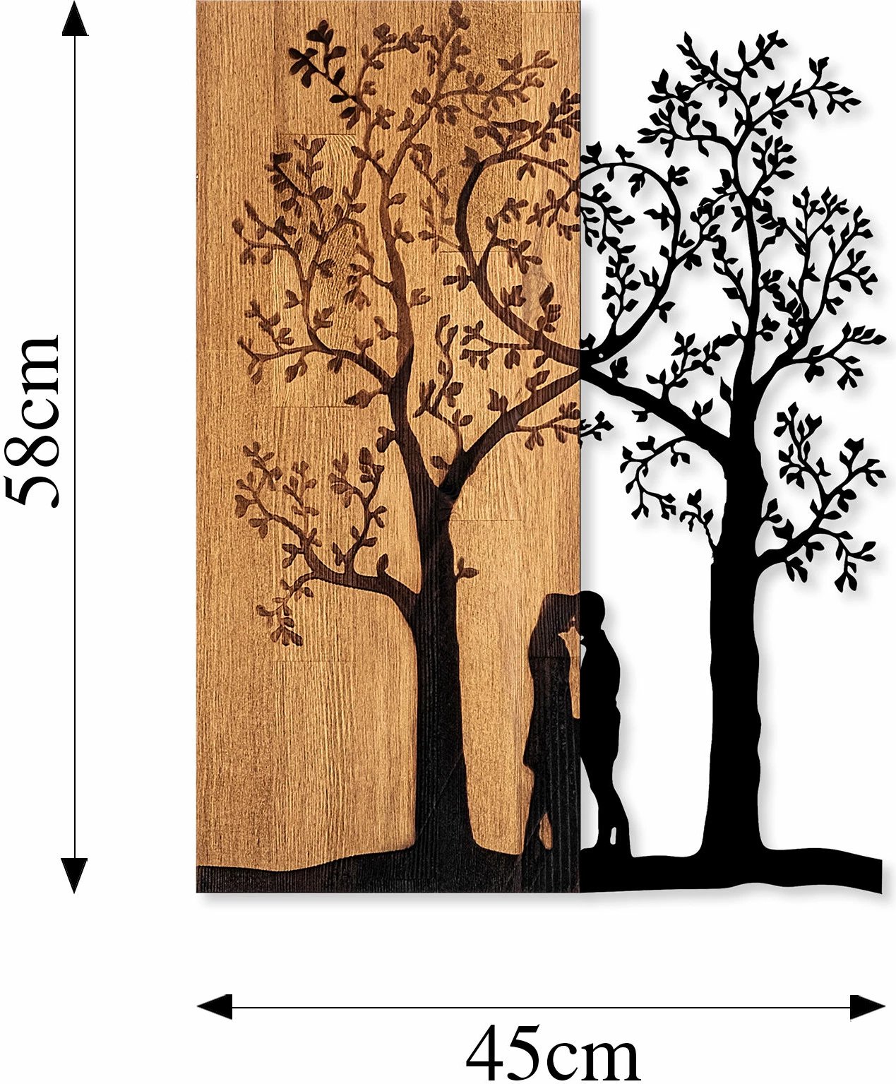 Aksesor dekorativ për mur, dru dhe metal, Love Under The Tree, ngjyrë arre dhe e zezë, 45x58cm