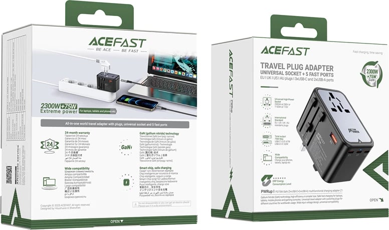 Karikues udhëtimi Acefast Z1 GaN, 75W, 3x USB-C, 2x USB-A, i zi