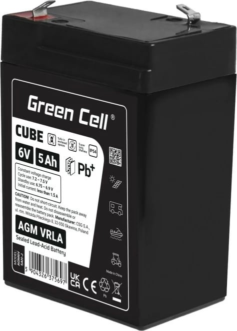 Bateri AGM VRLA, Green Cell, AGM6V5AH-J, 6V 5Ah, IP54, e zezë