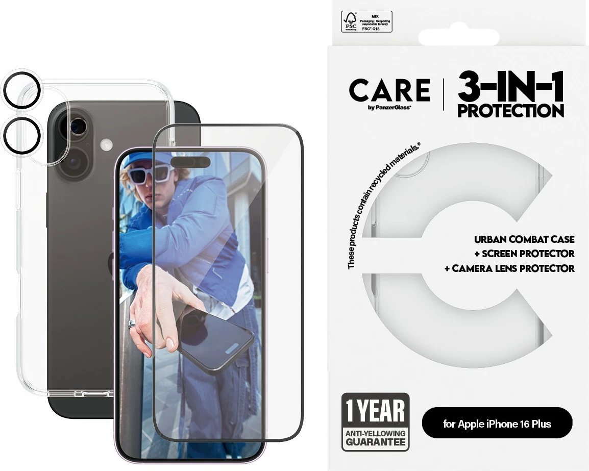Mbështjellës PanzerGlass CARE Flagship 3-in-1 për iPhone 16 Plus, transparent