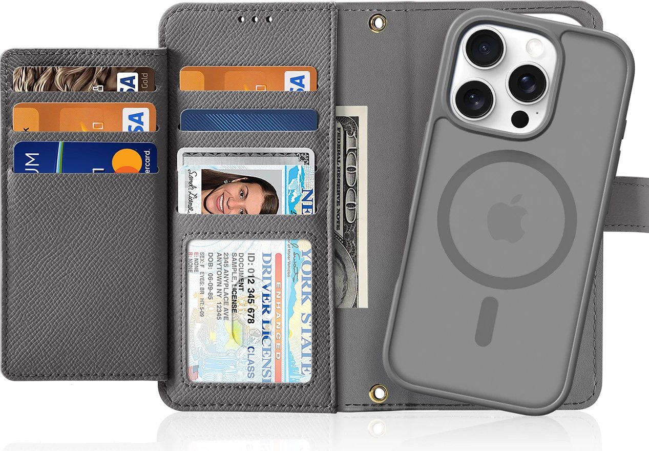 Mbështjellës Dux Ducis Lawa për iPhone 16 Pro, lëkurë, me portofol magnetik, Gri