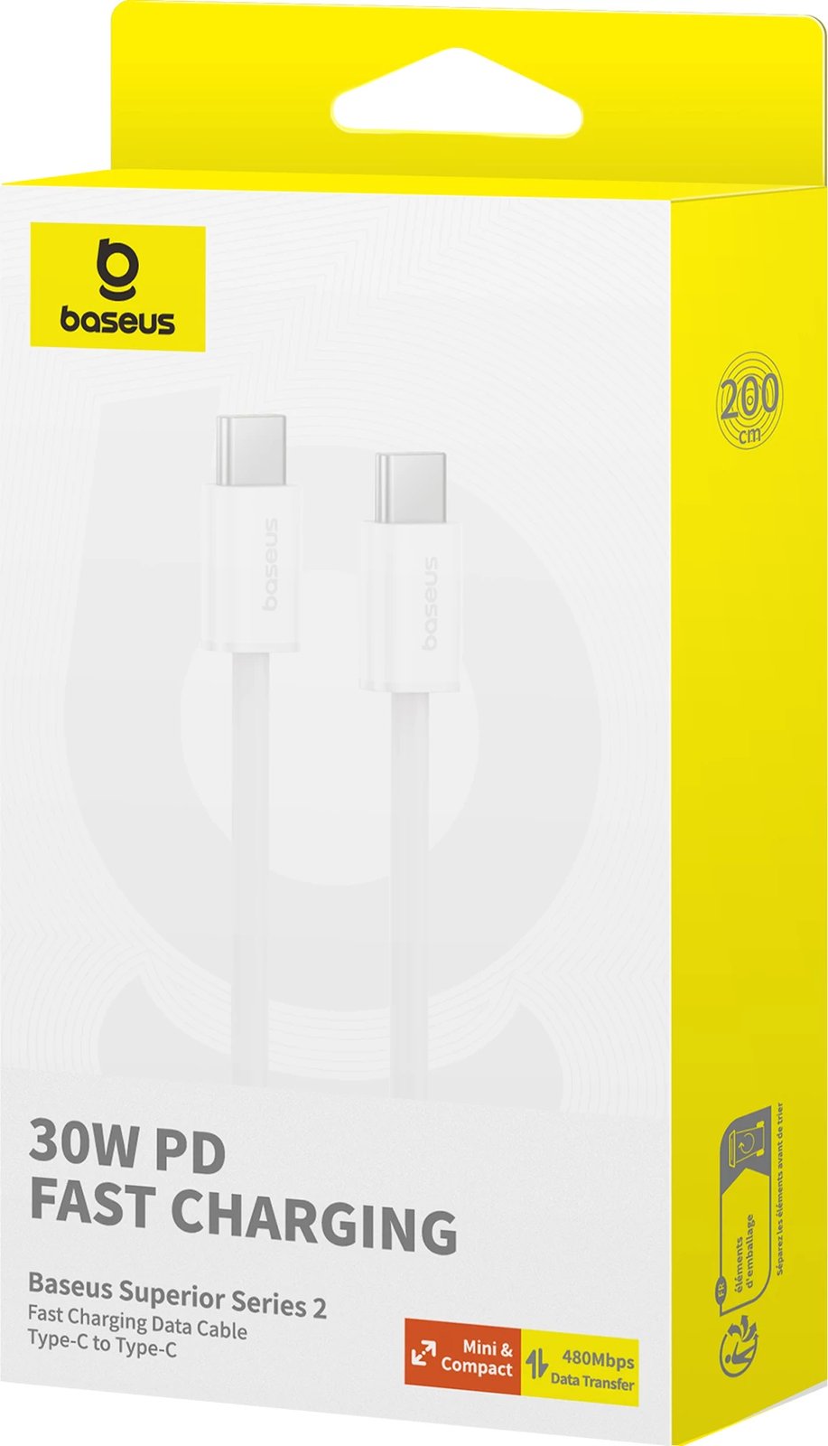 Kabllo USB-C në USB-C Baseus Superior Series II, 2m, 30W, 480Mb/s, e bardhë