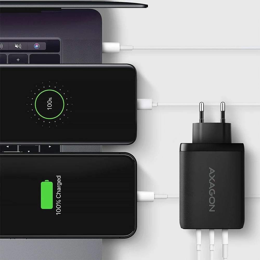 Karikues udhëtimi AXAGON ACU-DPQ100, 100W, 3 porta (USB-A + 2x USB-C), GaN, i zi