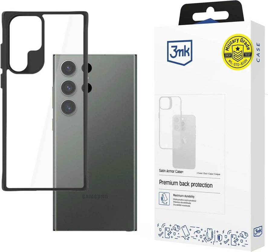 Mbështjellës 3mk Satin Armor Case+ për Samsung Galaxy S23 Ultra, Transparent/Black