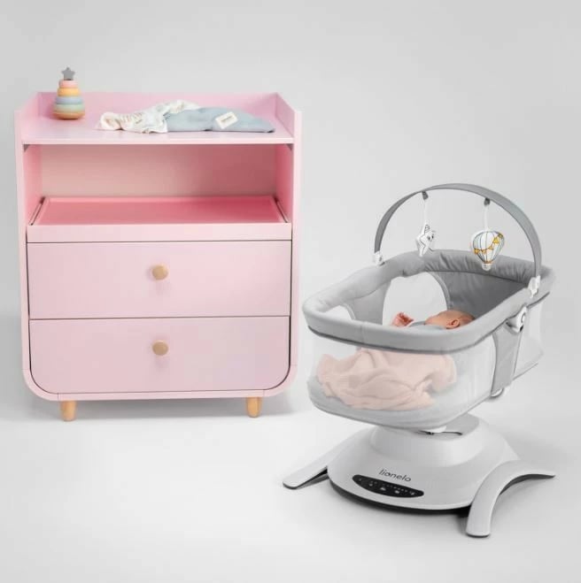 Djep lëkundës Lionelo Bella Set, 2-në-1, me muzikë, jastëk dhe lodra, Gri