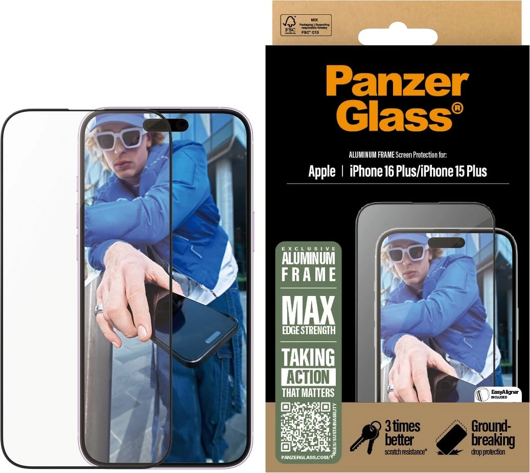 Mbrojtës ekrani PanzerGlass për iPhone 16/15 Plus, kornizë alumini