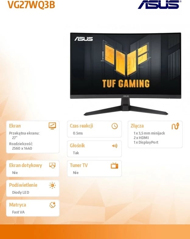 Monitor gaming Asus VG27WQ3B, 27 inç, QHD, 180 Hz, i zi