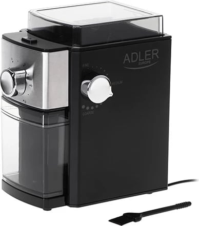 bluarëse kafe me rrota metalike, Adler AD 4448, hinkë 250g, depozitë 100g, rregullim i imtësisë dhe 2–12 porcione, 150W (300W max), e zezë/inox bluarëse kafe me rrota metalike, Adler AD 4448, hinkë 250g, depozitë 100g, rregullim i imtësisë dhe 2–12 porcione, 150W (300W max), e zezë/inox