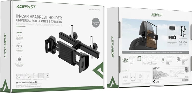 Mbajtës për mbështetëse koke makine Acefast D8, për celular dhe tablet, 135-230mm, zi