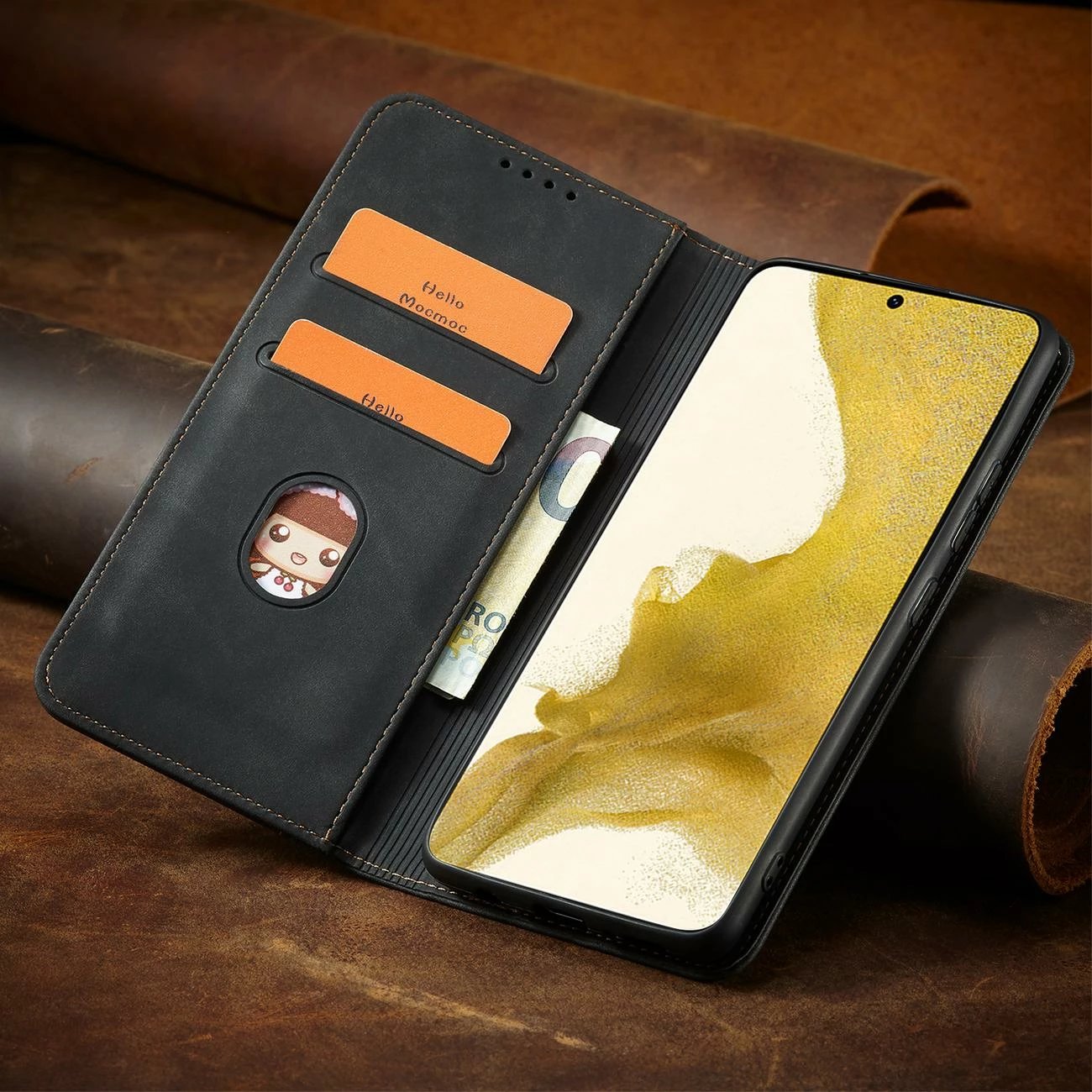 Mbështjellës Hurtel Magnet Fancy Case për Samsung Galaxy S22+, me portofol dhe qëndrim, e zezë