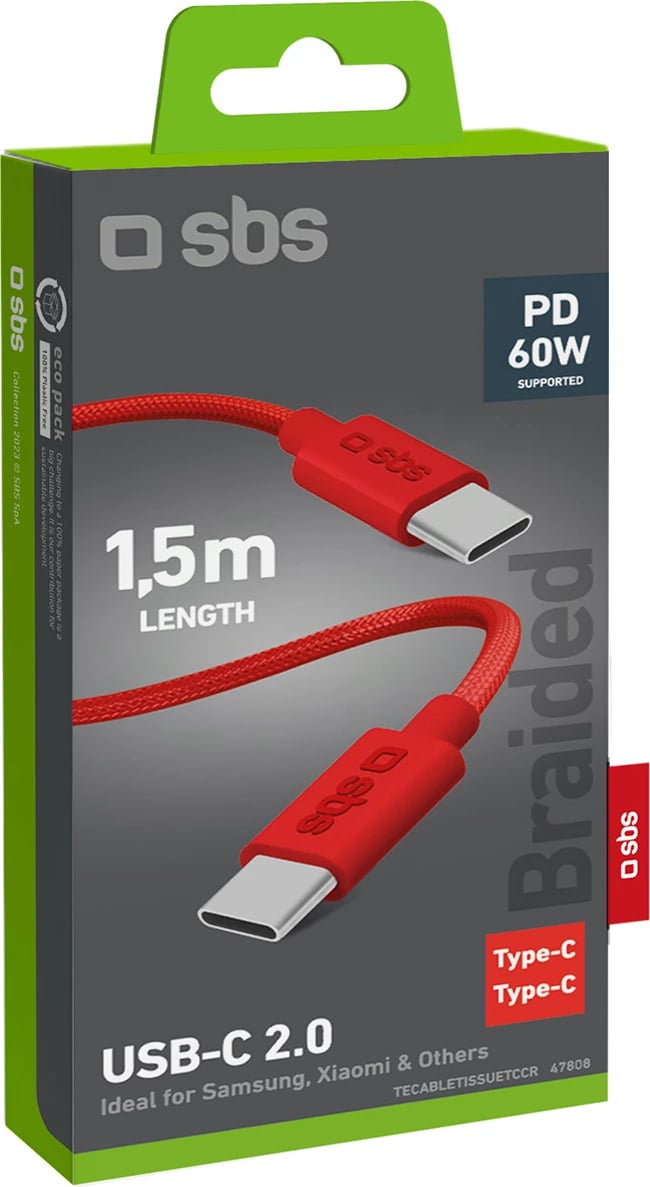 Kabllo USB-C në USB-C SBS TECABLETISSUETCCR, 1.5m, 60W, e kuqe Kabllo USB-C në USB-C SBS TECABLETISSUETCCR, 1.5m, 60W, e kuqe
