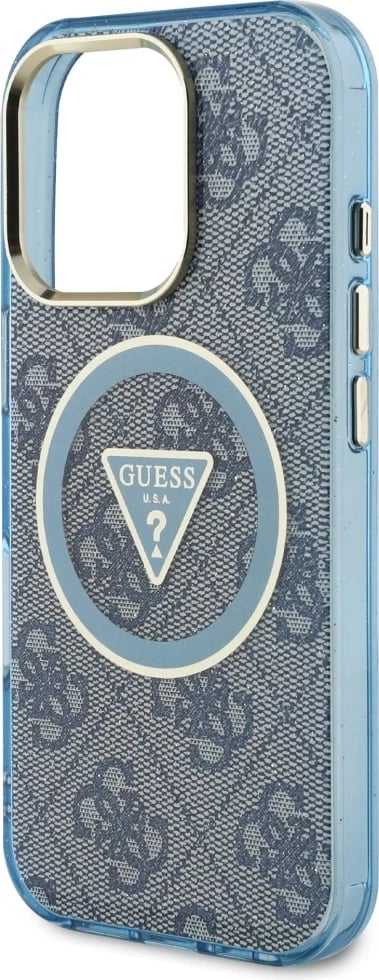 Mbështjellës Guess IML Metal Glitter 4G Circle Triangle MagSafe për iPhone 16 Pro Max, Blu