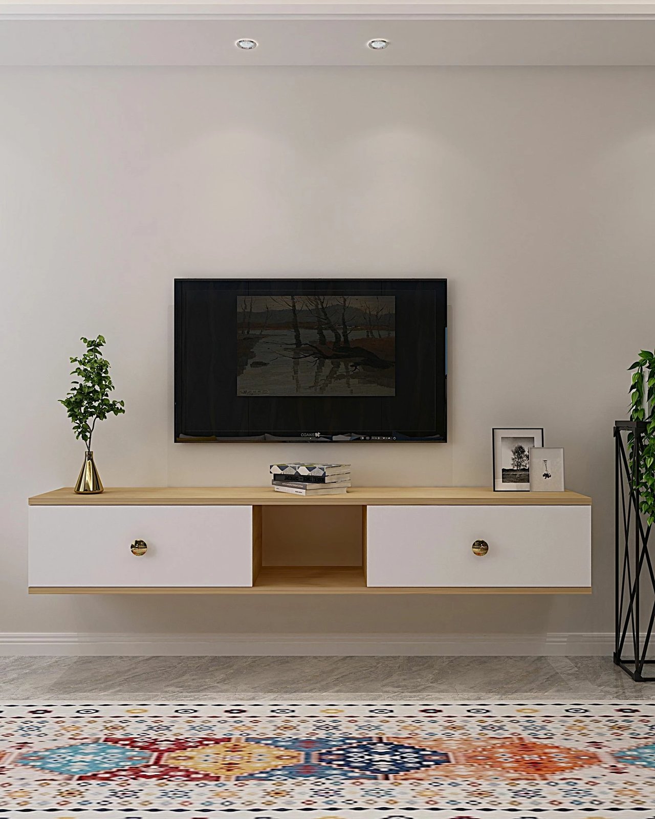 Komodë TV Skye Decor, Zuzu 150, ngjyrë lis safir, e bardhë