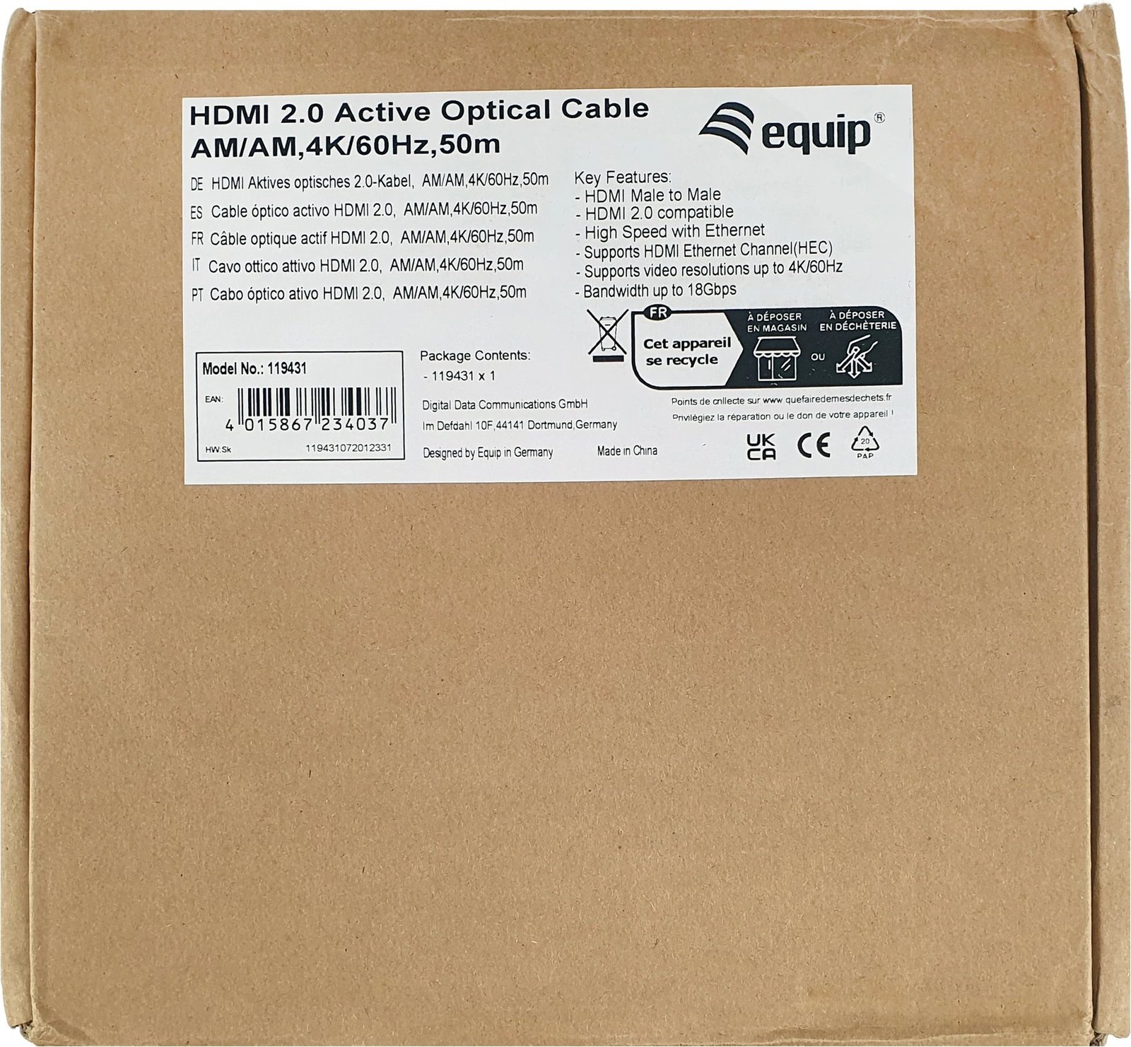 Kabllo HDMI 2.0 aktive optike Equip 100m, 3D, e zezë