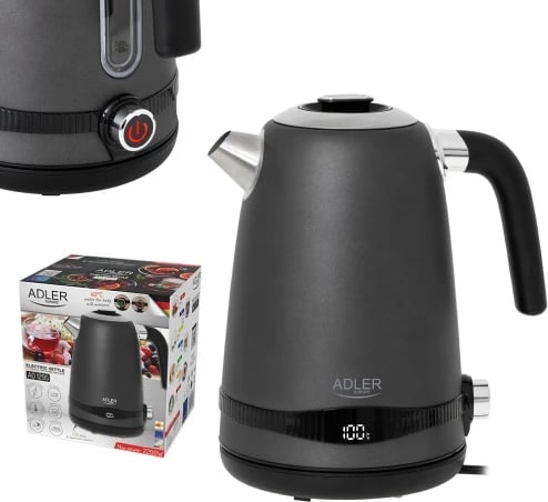 çajnik elektrik, Adler, AD1295, 1.7L, LCD me rregullim temperature 40–100°C, funksion keep warm 2 orë, inoks, gri