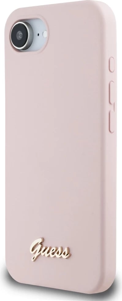 Mbështjellës Guess Silicone Script Metal Logo MagSafe për iPhone 16e, Rozë