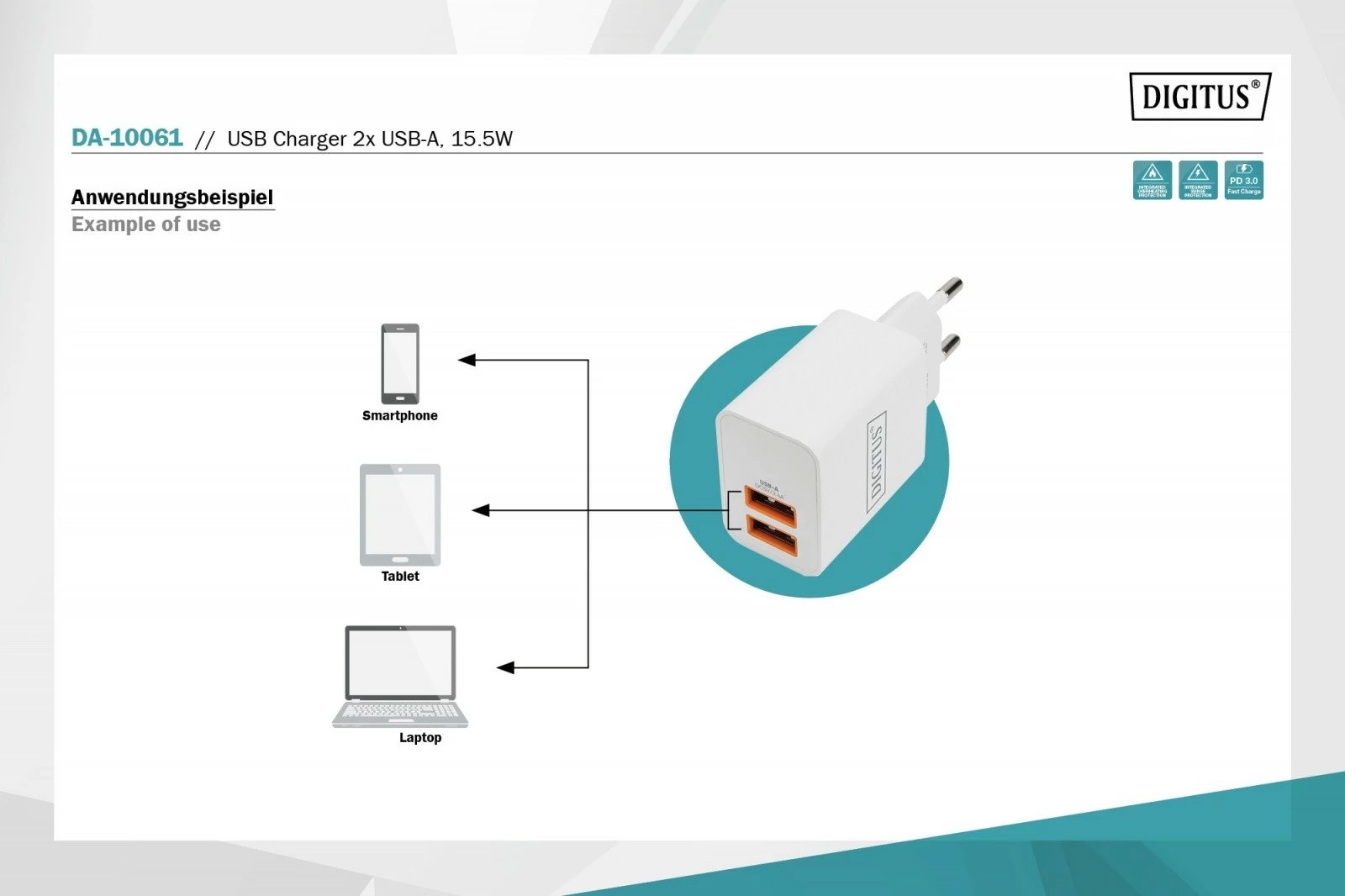 Karikues rrjeti Digitus DA-10061, 2x USB-A, 15.5W, Bardhë